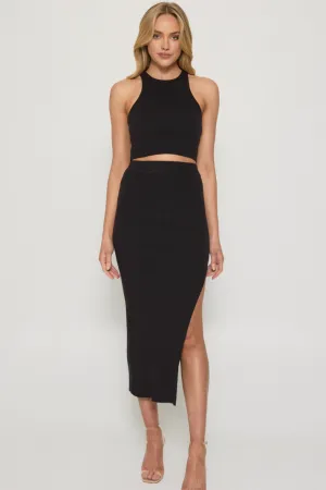 DELTI KNIT CROP TOP & MIDI SKIRT SET - Black