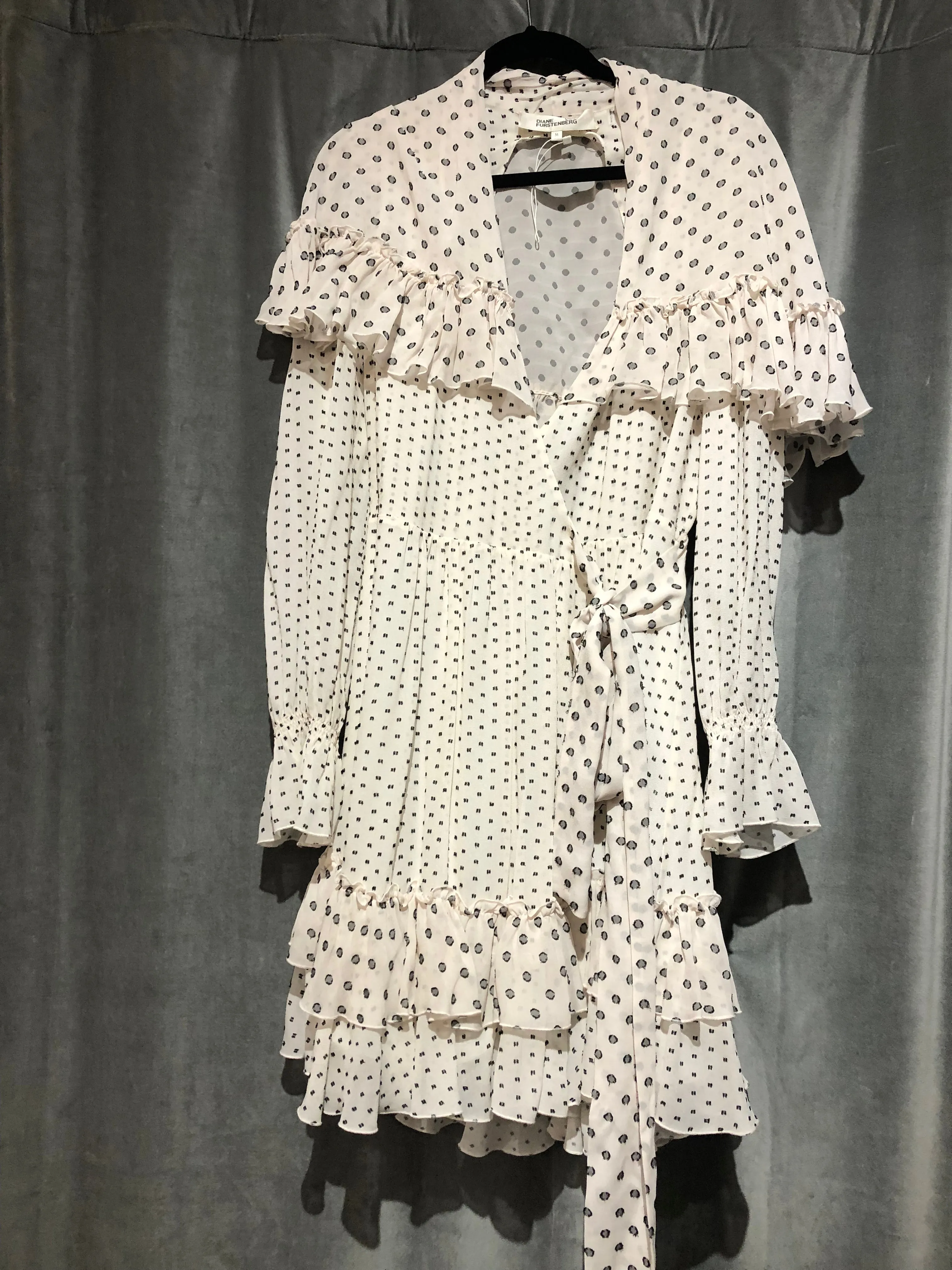 Diane Von Furstenberg "Martina" White Wrap Long Sleeve Dress with Black Polka Dots