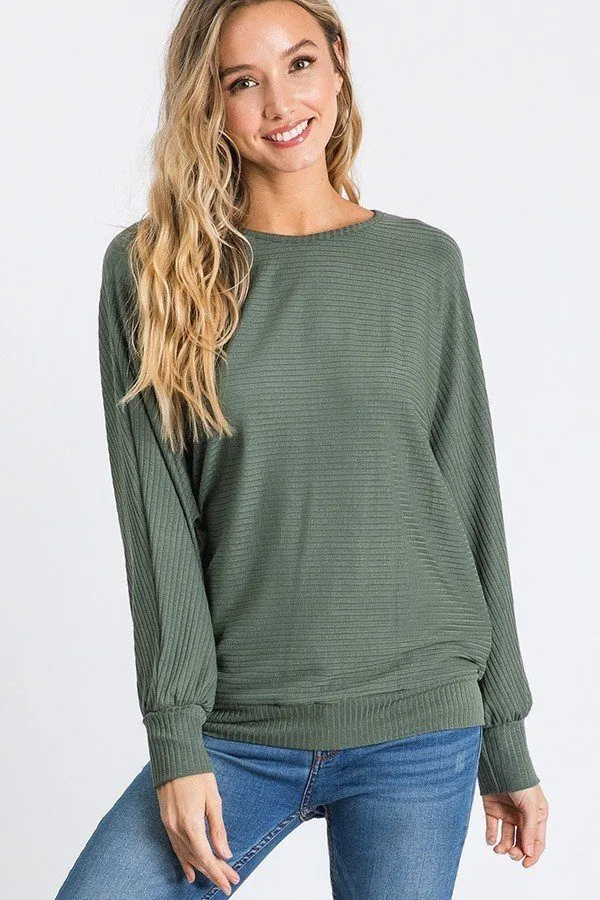 Dolman Long Sleeve Ribbed Top With Banded Hem