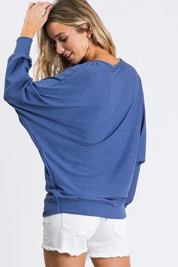 Dolman Long Sleeve Ribbed Top With Banded Hem