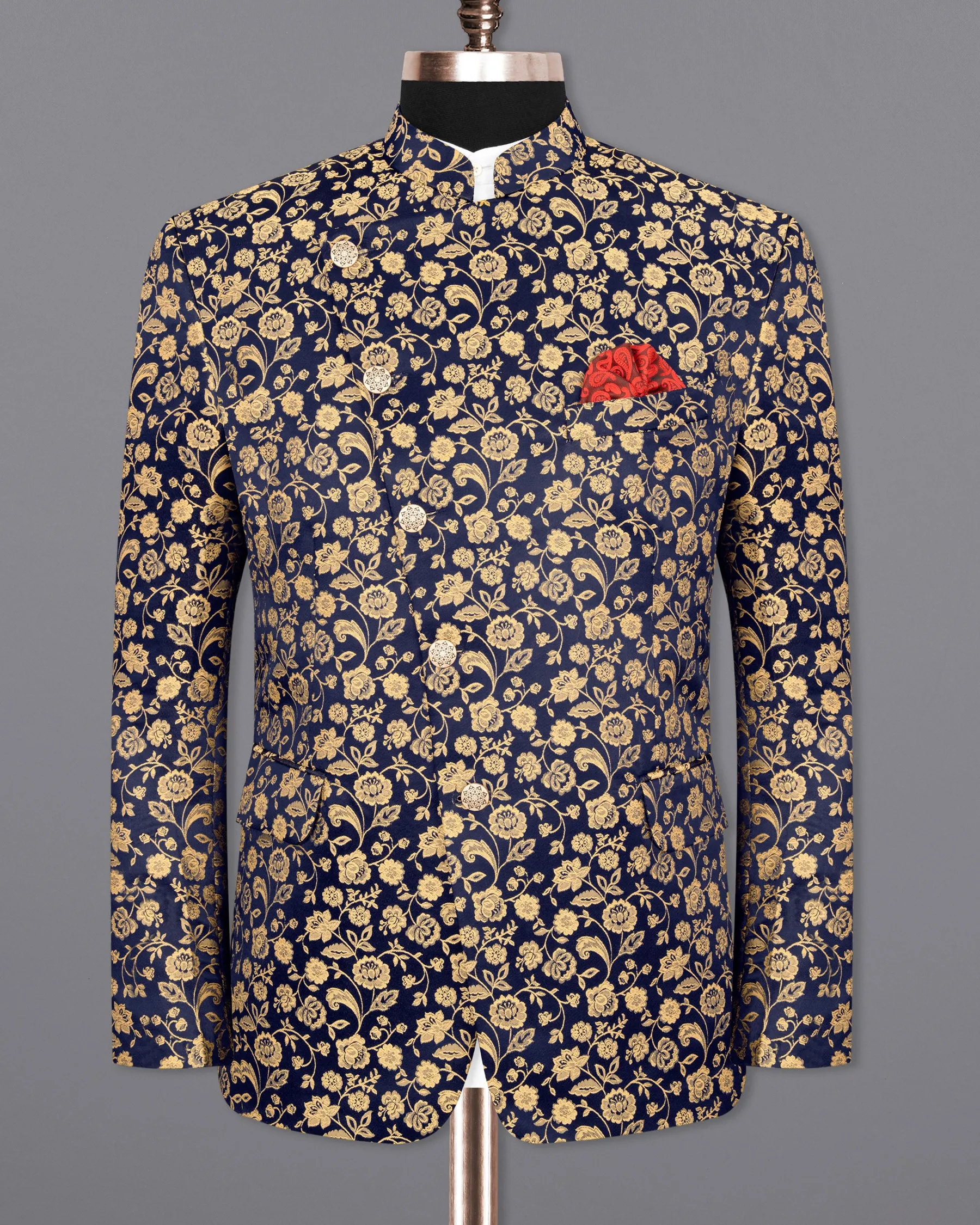 Ebony Clay Floral Jacquard Cross Buttoned Bandhgala Blazer
