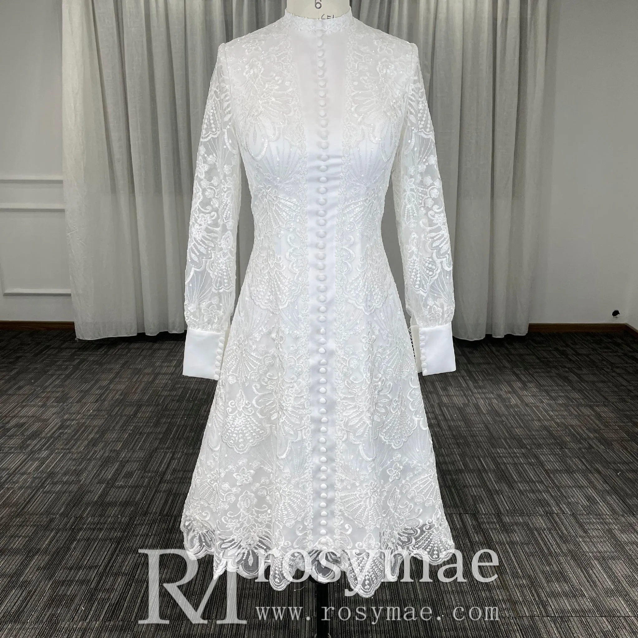 Elegant Knee Length Long Sleeve A-Line Lace Wedding Dresses