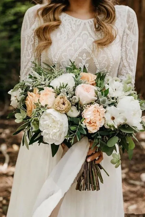 Elegant Scoop Long Sleeve Chiffon Wedding Dresses with Lace Backless Ivory Bridal Dresses,MW482