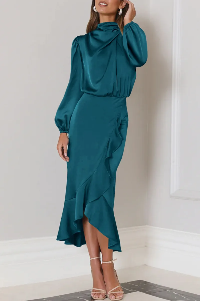 Elegant Solid Flounce Fold Turtleneck Evening Dresses
