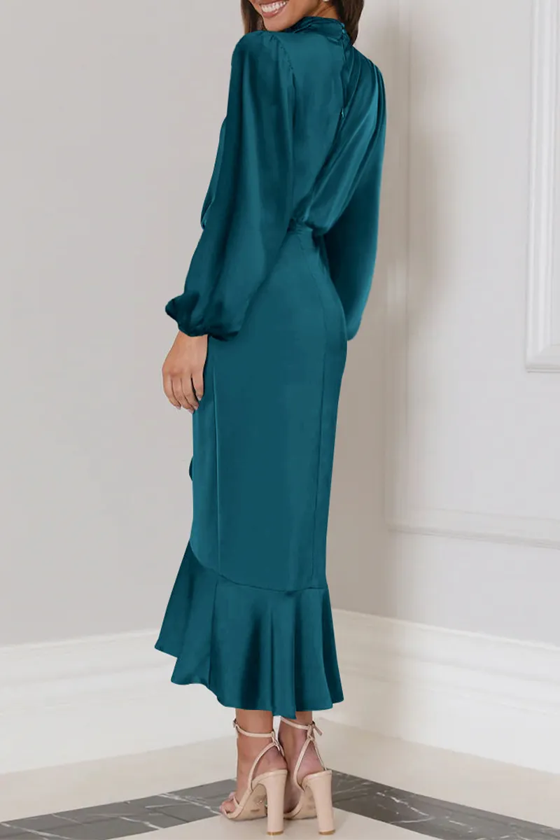Elegant Solid Flounce Fold Turtleneck Evening Dresses
