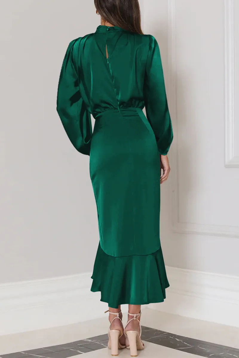 Elegant Solid Flounce Fold Turtleneck Evening Dresses