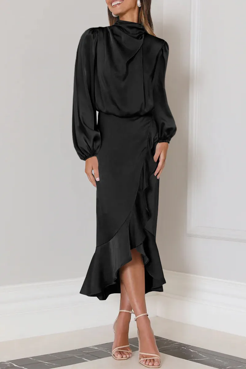Elegant Solid Flounce Fold Turtleneck Evening Dresses