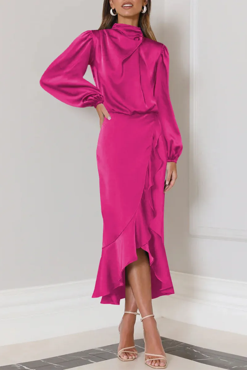 Elegant Solid Flounce Fold Turtleneck Evening Dresses