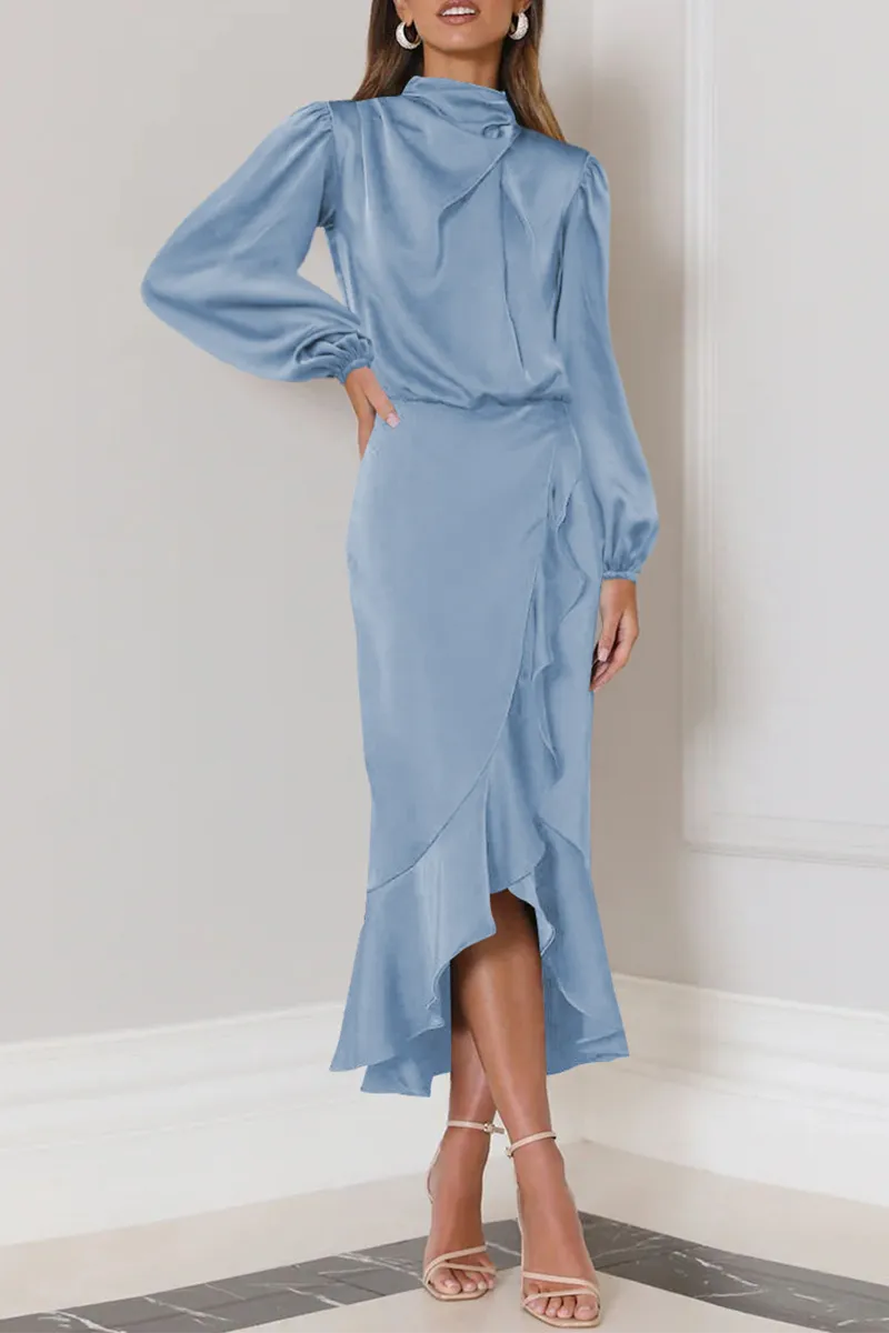 Elegant Solid Flounce Fold Turtleneck Evening Dresses
