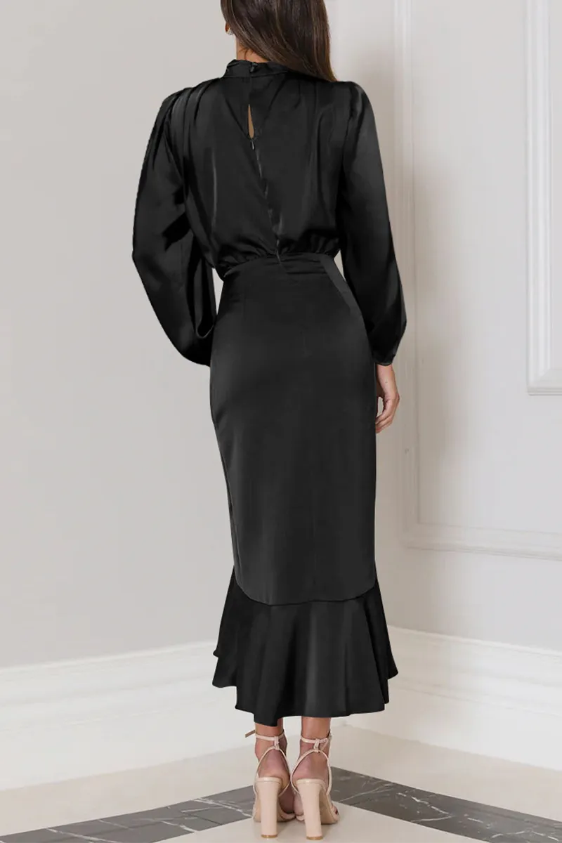 Elegant Solid Flounce Fold Turtleneck Evening Dresses