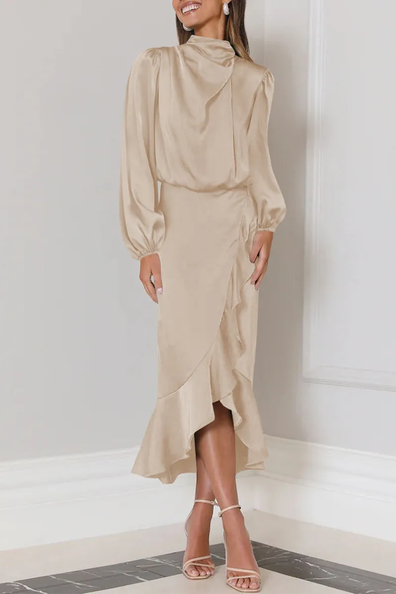 Elegant Solid Flounce Fold Turtleneck Evening Dresses
