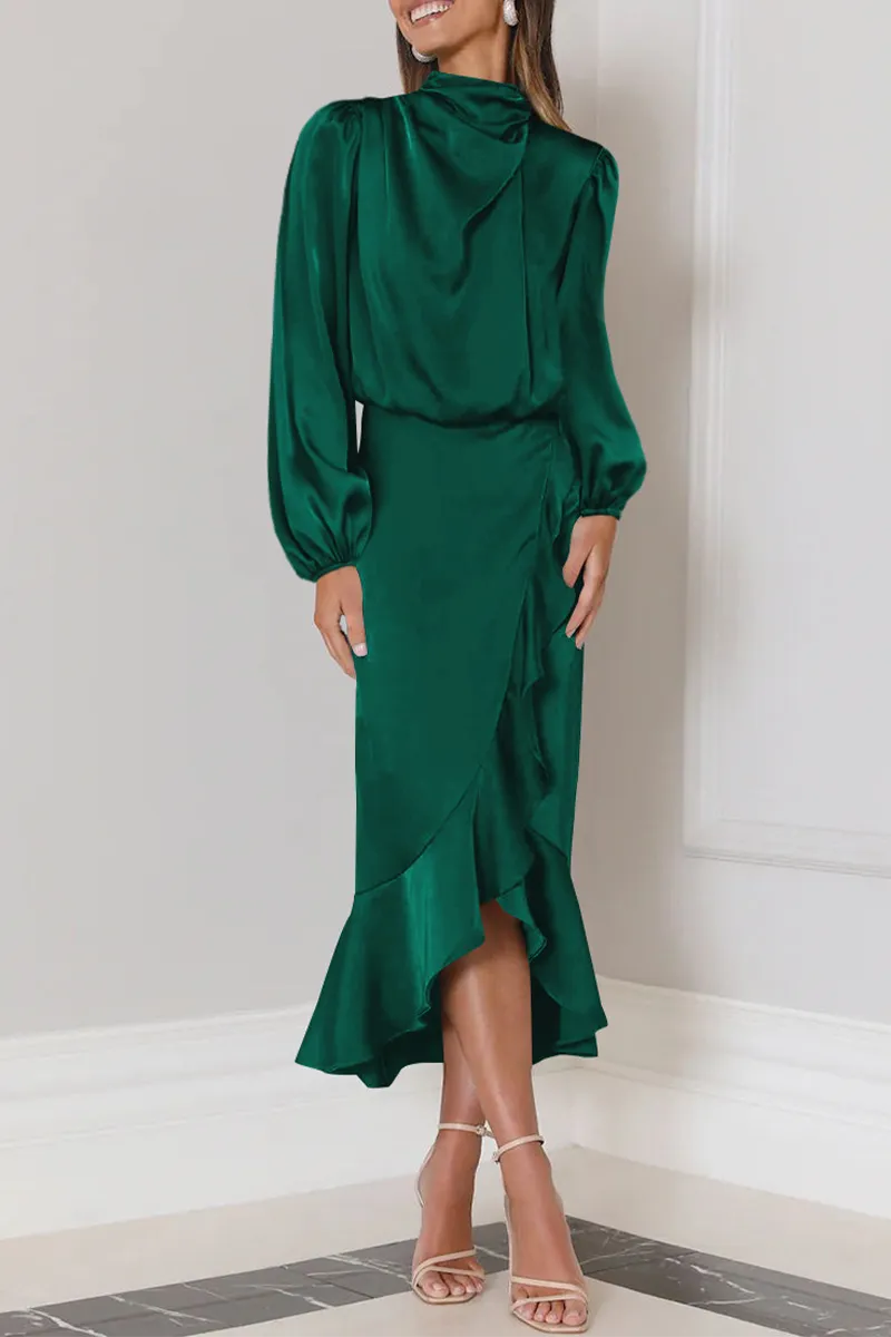 Elegant Solid Flounce Fold Turtleneck Evening Dresses