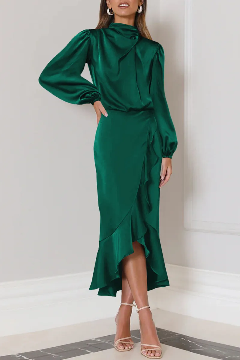 Elegant Solid Flounce Fold Turtleneck Evening Dresses