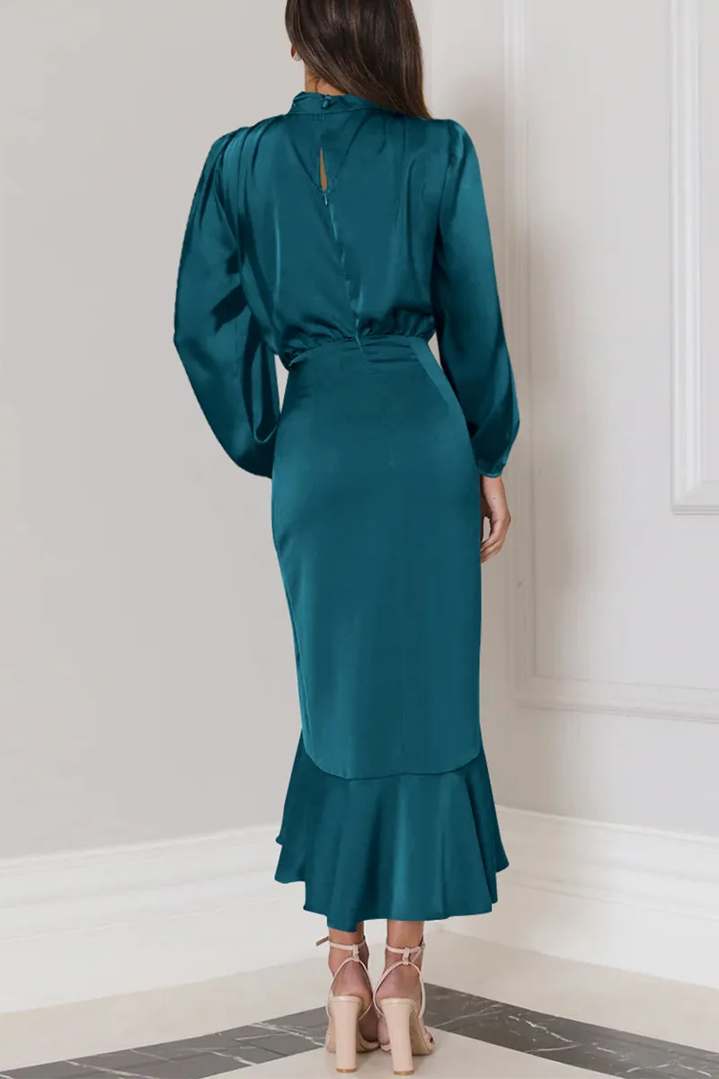 Elegant Solid Flounce Fold Turtleneck Evening Dresses