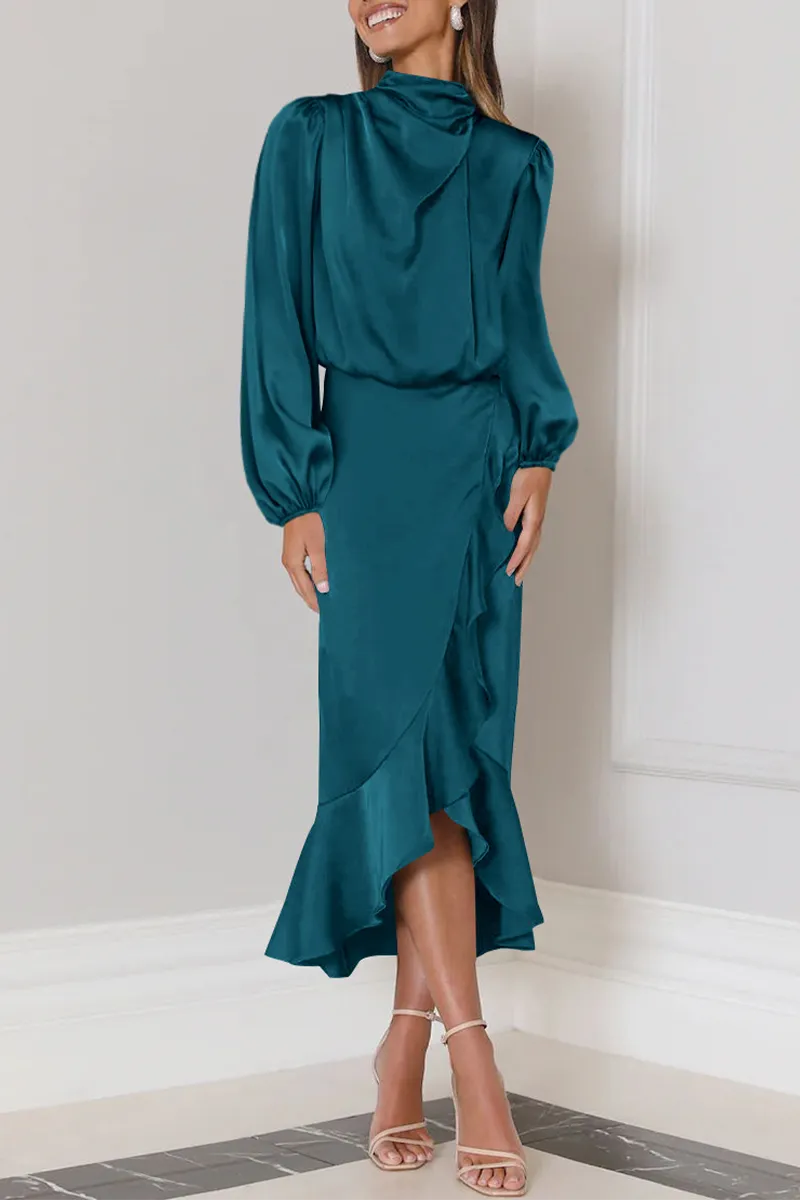 Elegant Solid Flounce Fold Turtleneck Evening Dresses