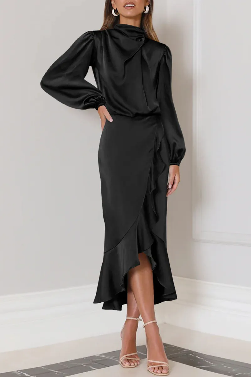 Elegant Solid Flounce Fold Turtleneck Evening Dresses