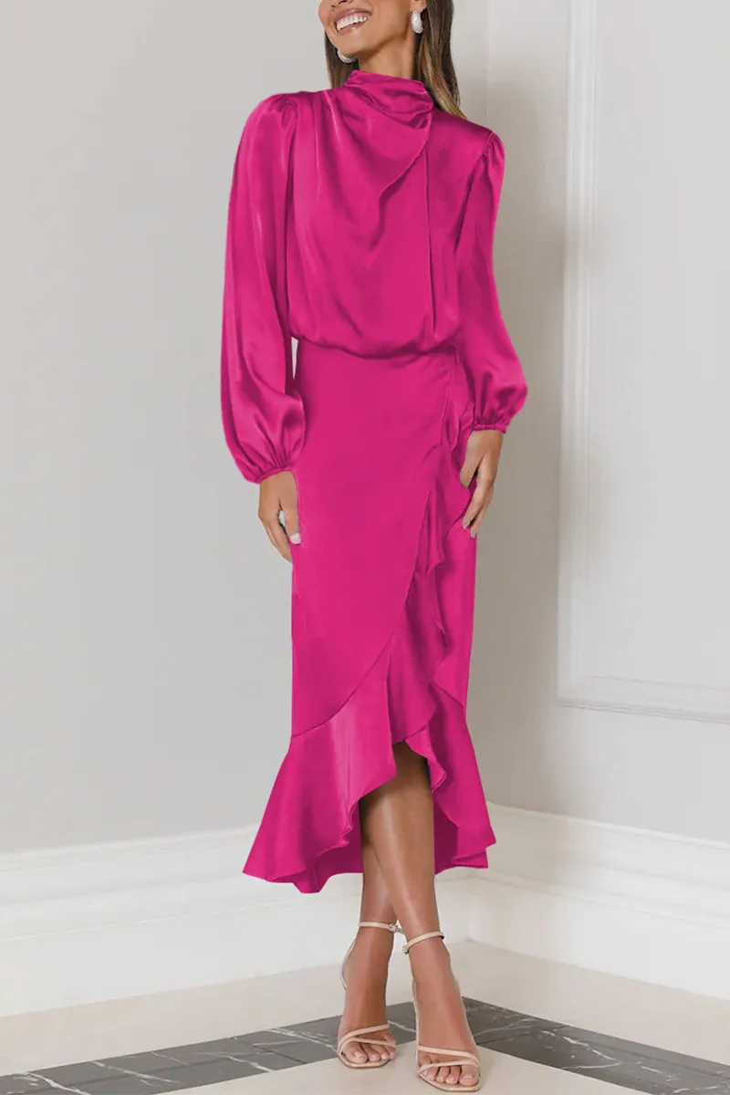 Elegant Solid Flounce Fold Turtleneck Evening Dresses