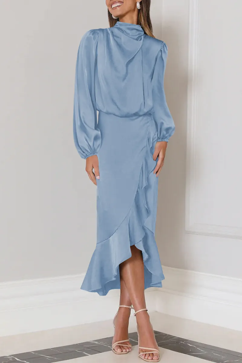 Elegant Solid Flounce Fold Turtleneck Evening Dresses