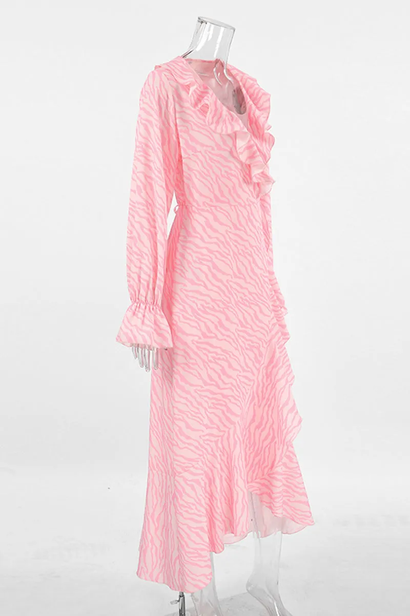 Elegant Zebra Print Lace Up Ruffle V Neck A Line Dresses