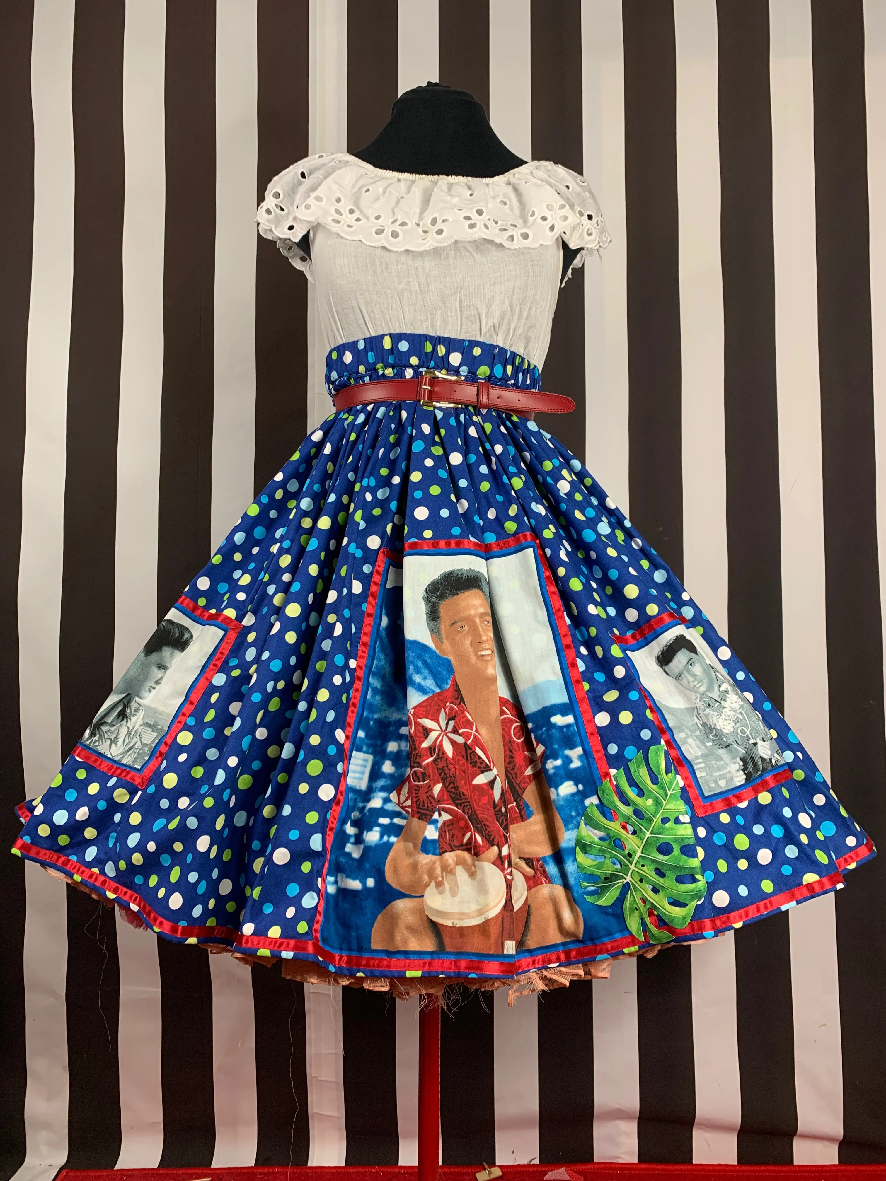 Elvis in Hawaii fan art blue polka dot skirt