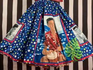 Elvis in Hawaii fan art blue polka dot skirt