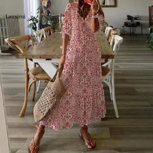 Embroidered Long Dress, Short Sleeve Ruffle Summer Dress
