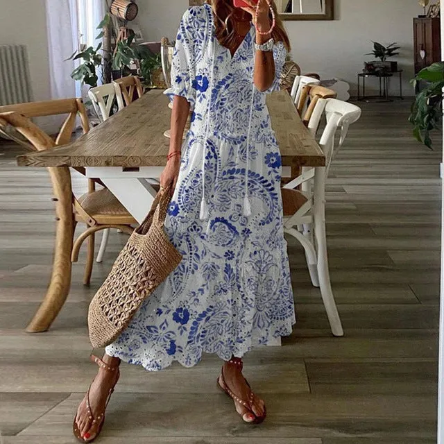 Embroidered Long Dress, Short Sleeve Ruffle Summer Dress
