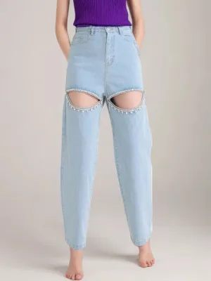 Embroidered Straight Leg Jeans High Waist Hollow Out Pants