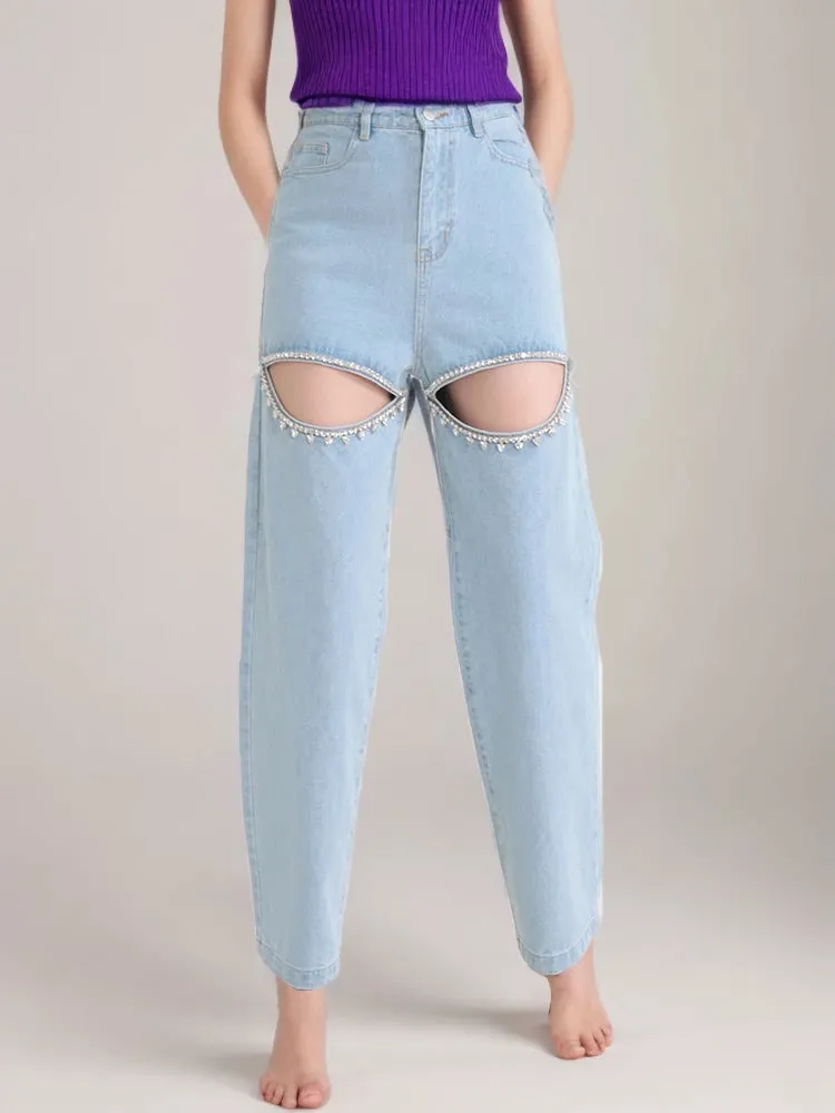 Embroidered Straight Leg Jeans High Waist Hollow Out Pants