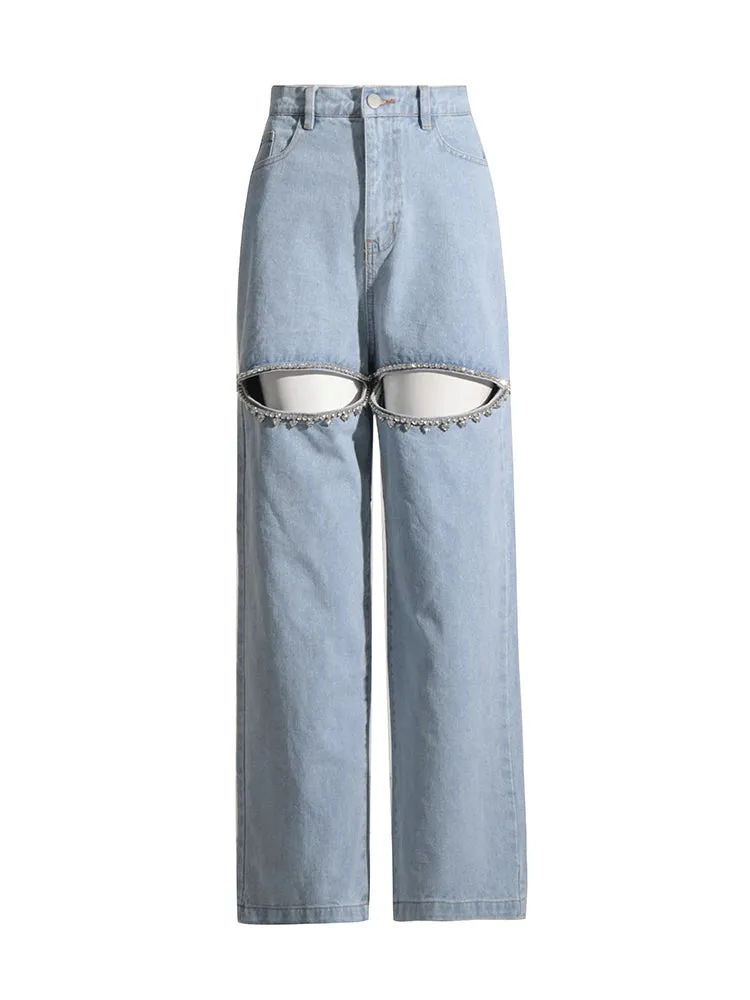 Embroidered Straight Leg Jeans High Waist Hollow Out Pants