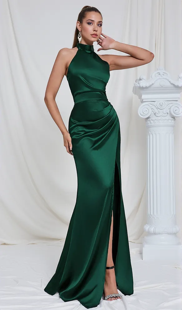 EMMA HALTER SLIT SATIN MERMAID MAXI DRESS IN GREEN