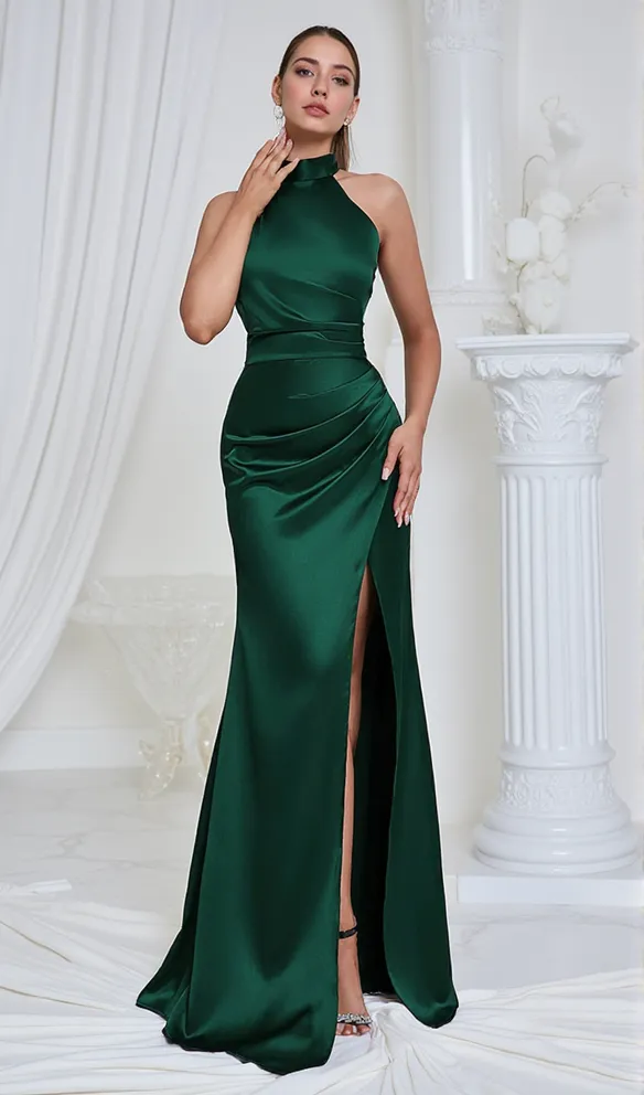 EMMA HALTER SLIT SATIN MERMAID MAXI DRESS IN GREEN