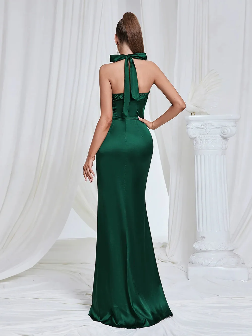 EMMA HALTER SLIT SATIN MERMAID MAXI DRESS IN GREEN