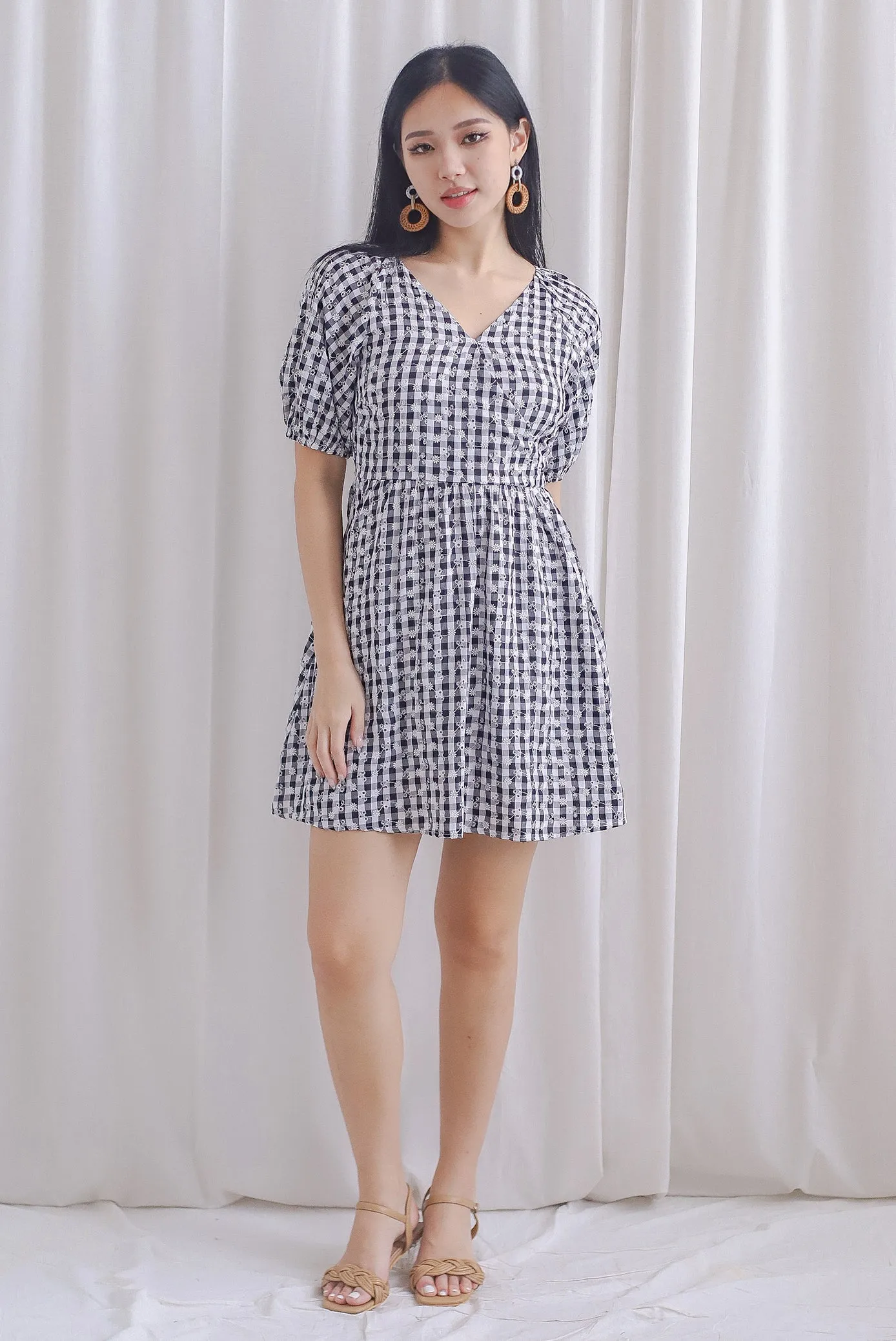 Evvie Gingham Embro Faux Wrap Romper In Black