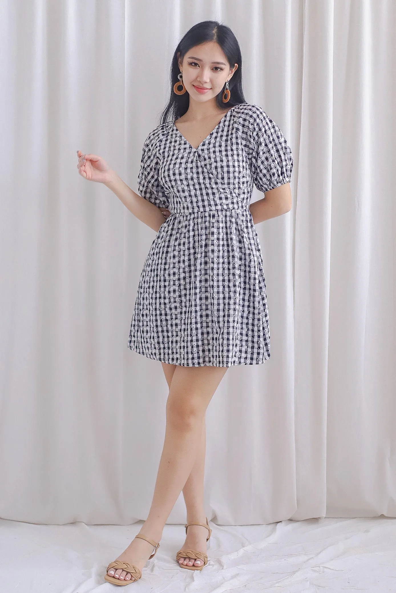 Evvie Gingham Embro Faux Wrap Romper In Black