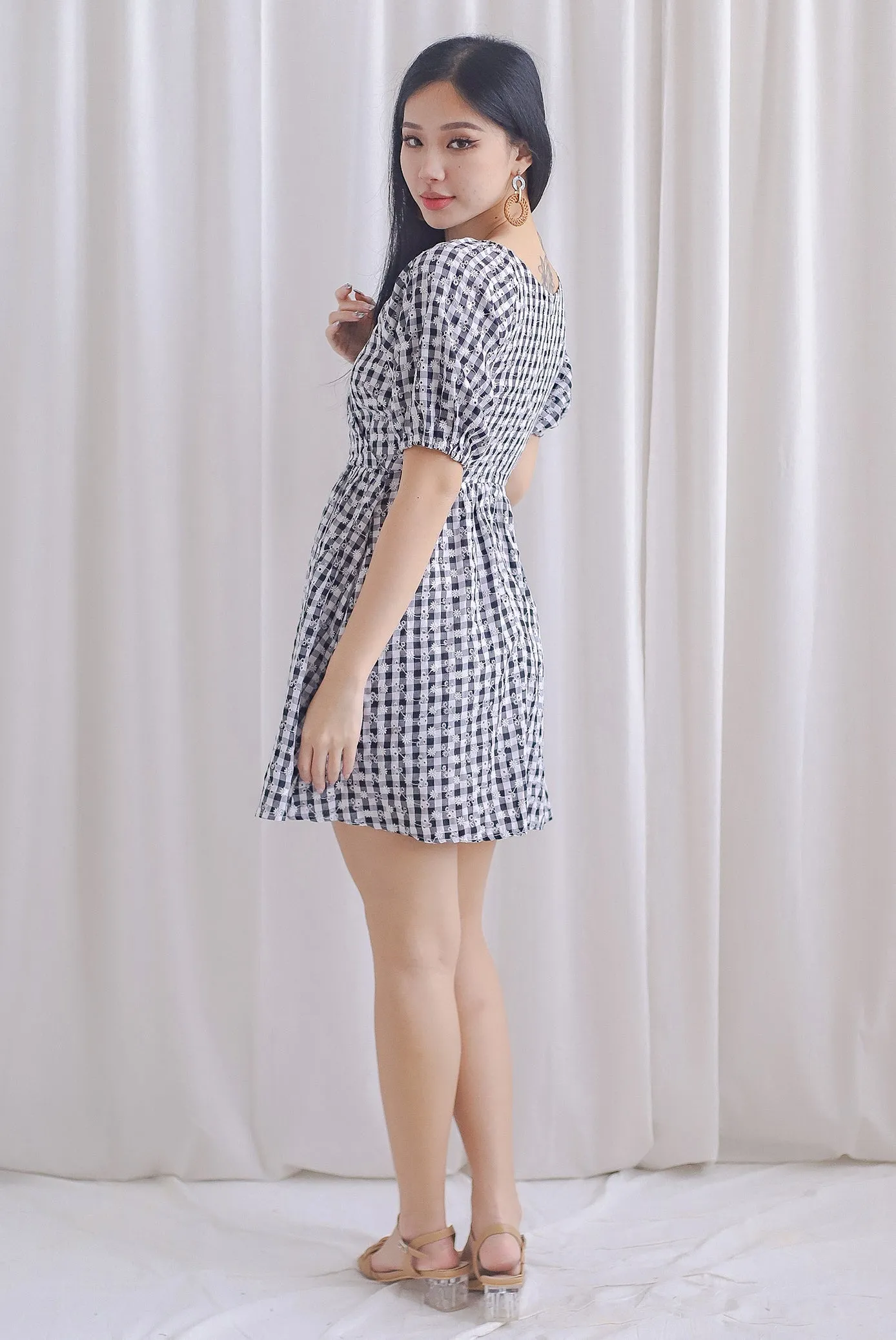 Evvie Gingham Embro Faux Wrap Romper In Black