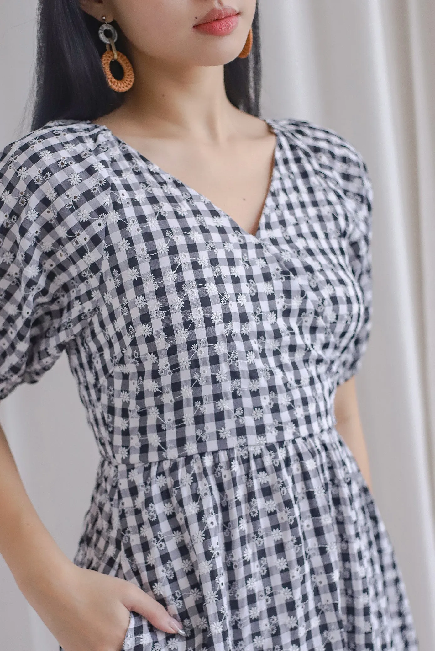 Evvie Gingham Embro Faux Wrap Romper In Black