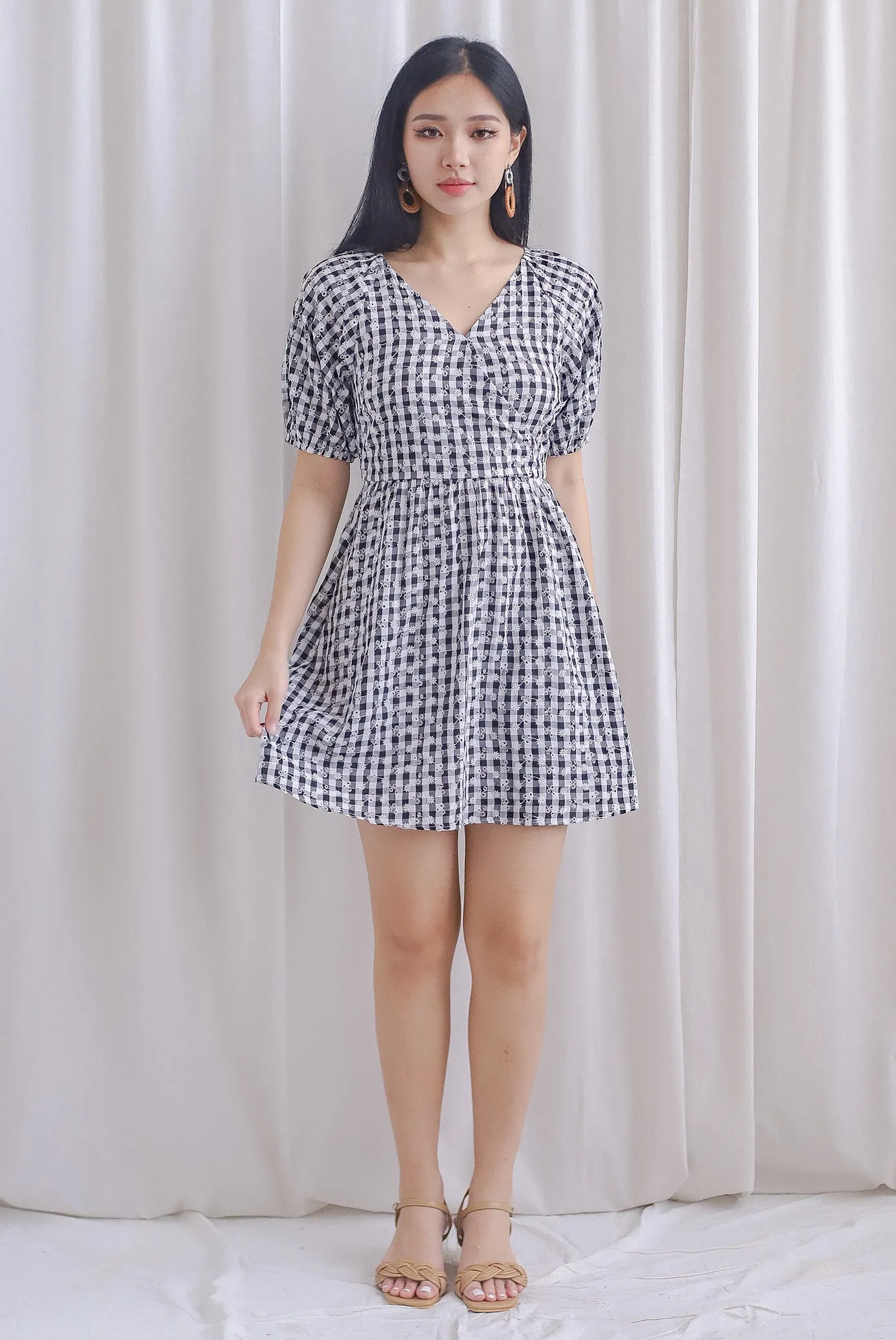 Evvie Gingham Embro Faux Wrap Romper In Black
