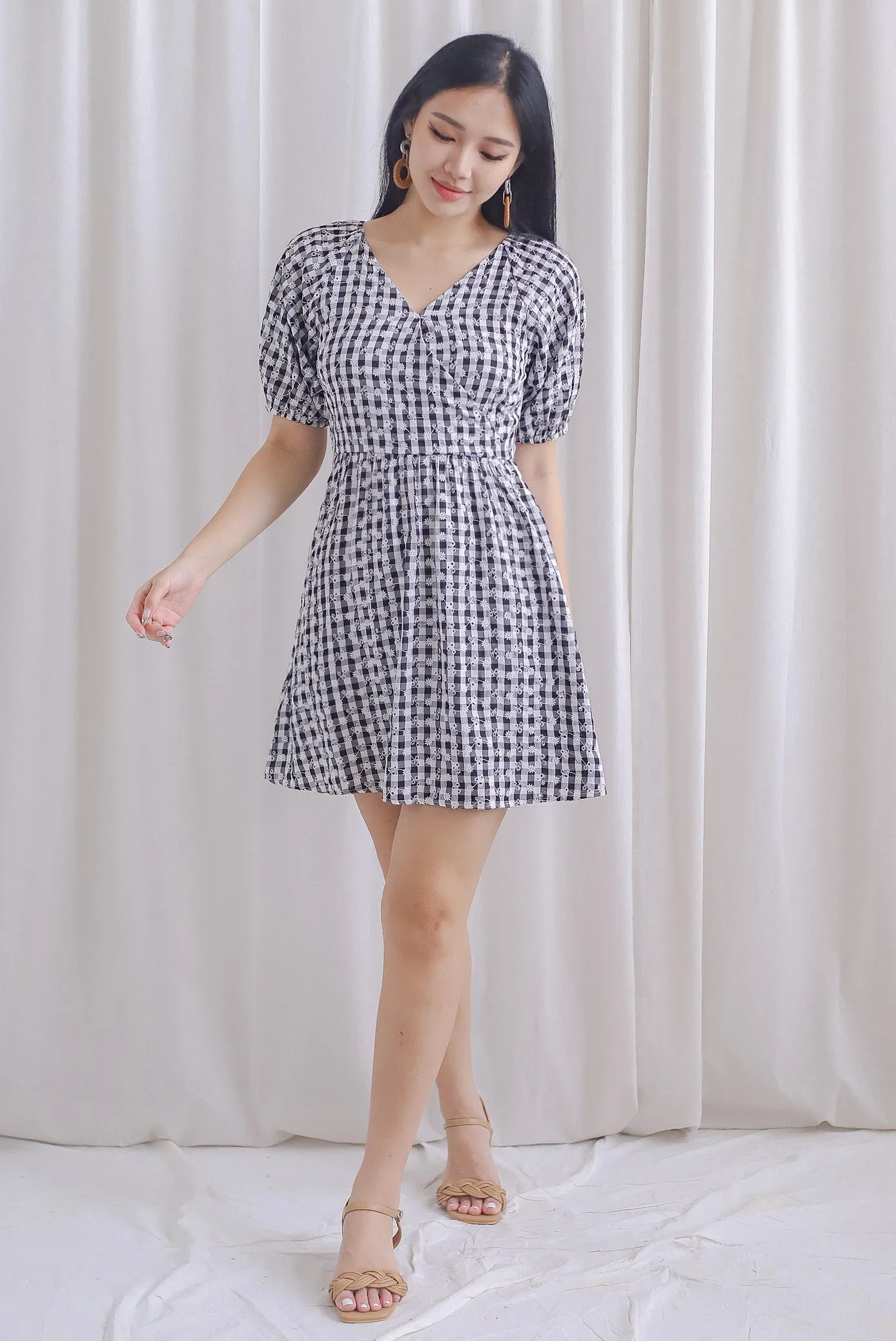 Evvie Gingham Embro Faux Wrap Romper In Black