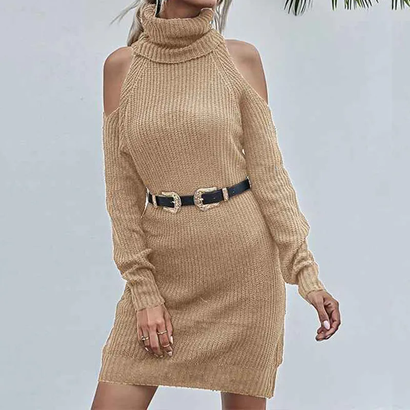 Fall Dresses for Women Cold Shoulder Long Sleeve Cowl Neck Midi Chunky Knit Sweater Dress Fit Slim Pullover Dresses K338