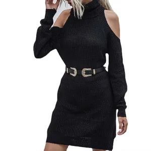 Fall Dresses for Women Cold Shoulder Long Sleeve Cowl Neck Midi Chunky Knit Sweater Dress Fit Slim Pullover Dresses K338