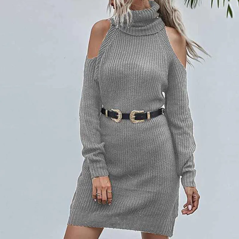 Fall Dresses for Women Cold Shoulder Long Sleeve Cowl Neck Midi Chunky Knit Sweater Dress Fit Slim Pullover Dresses K338