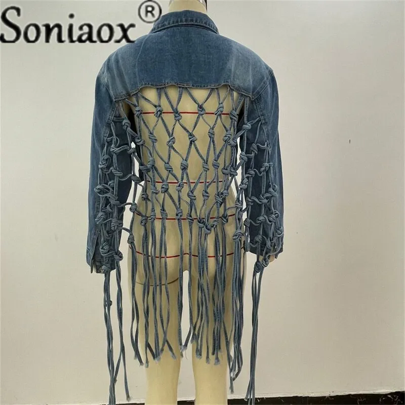 Fashion Denim Jacket Women Autumn 2021 New Fit Crop Tops Back Grid Hollow Out Tassel Design Long Sleeve Jeans Coat Streetwear