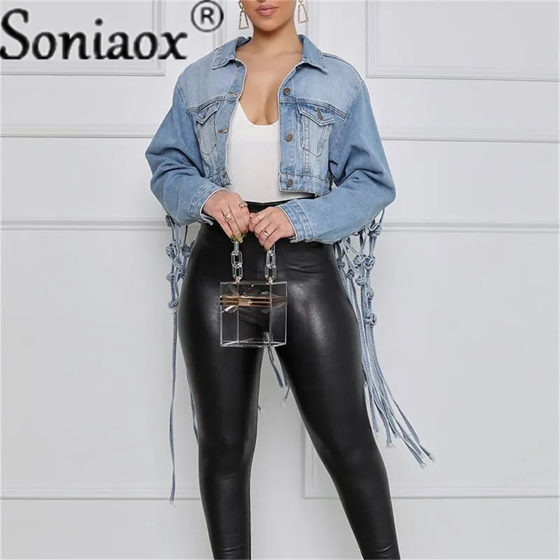Fashion Denim Jacket Women Autumn 2021 New Fit Crop Tops Back Grid Hollow Out Tassel Design Long Sleeve Jeans Coat Streetwear