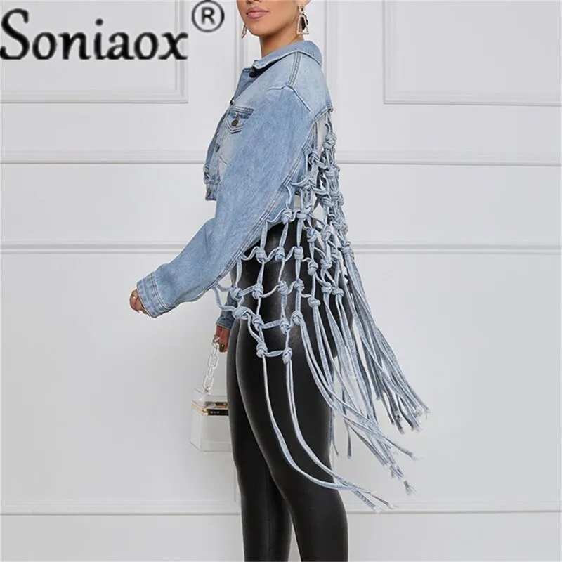 Fashion Denim Jacket Women Autumn 2021 New Fit Crop Tops Back Grid Hollow Out Tassel Design Long Sleeve Jeans Coat Streetwear