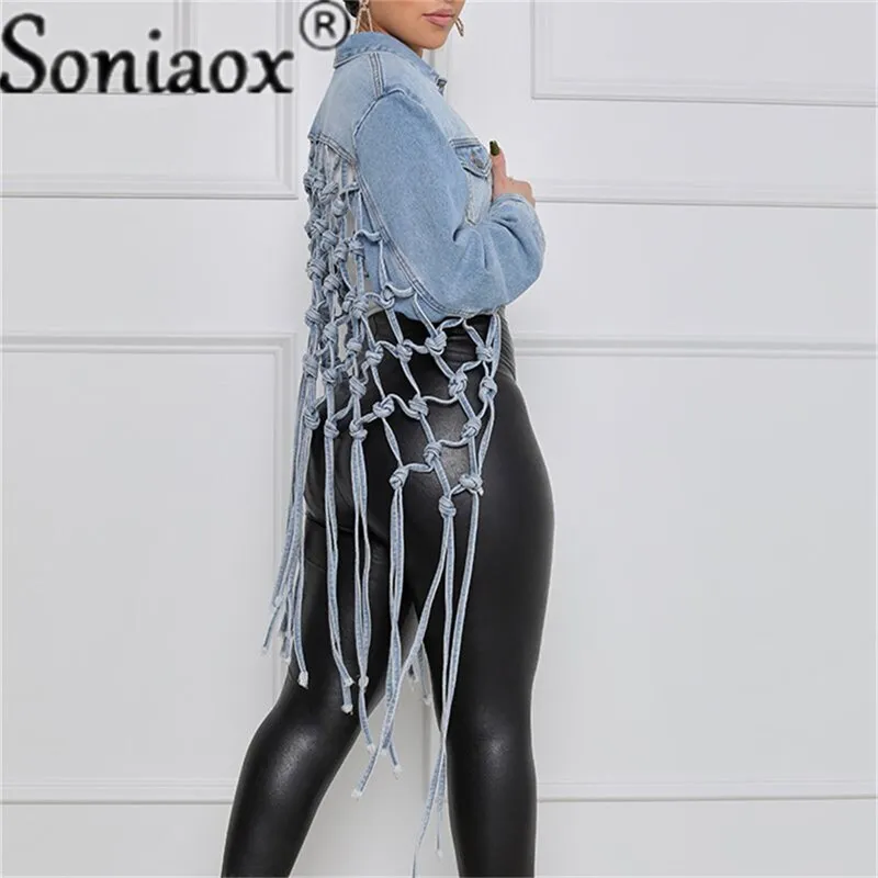 Fashion Denim Jacket Women Autumn 2021 New Fit Crop Tops Back Grid Hollow Out Tassel Design Long Sleeve Jeans Coat Streetwear