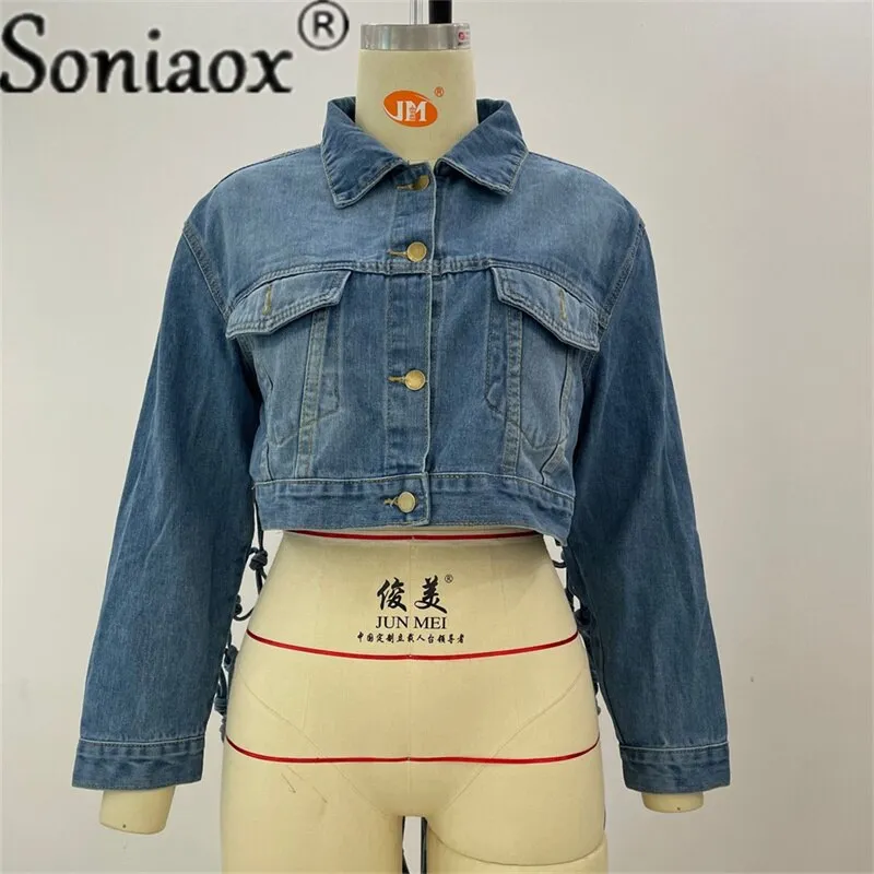 Fashion Denim Jacket Women Autumn 2021 New Fit Crop Tops Back Grid Hollow Out Tassel Design Long Sleeve Jeans Coat Streetwear