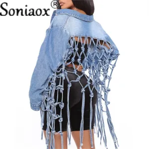 Fashion Denim Jacket Women Autumn 2021 New Fit Crop Tops Back Grid Hollow Out Tassel Design Long Sleeve Jeans Coat Streetwear