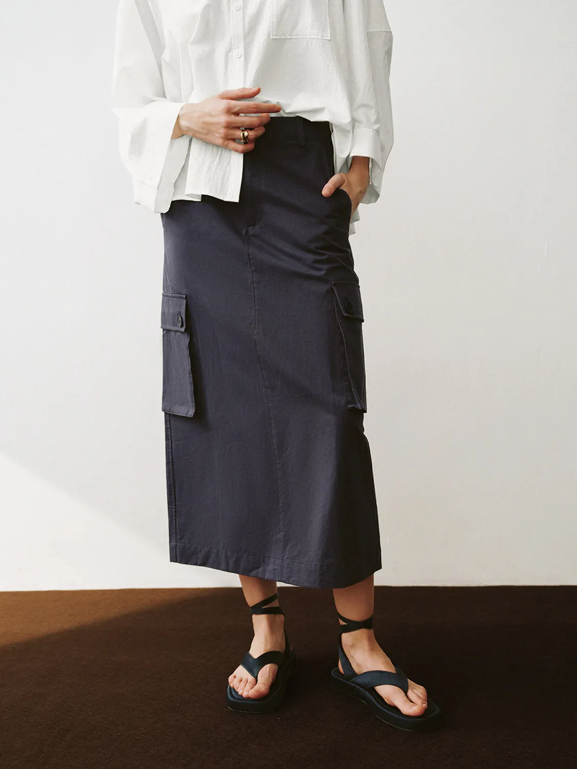 Flap Pocket Midi Straight Skirts