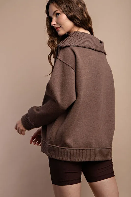FLEECE FRENCH TERRY RIBBED MOCK NECK PULLOVER